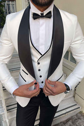 Men's Tailored Fit White Champagne Gray One-Button Single Breasted 3-Piece Party Suit