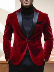 Men's Velvet Red Blazer With Peak Neck And Single-Button Closure