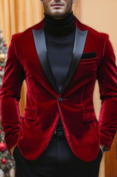 Men's Velvet Red Blazer With Peak Neck And Single-Button Closure