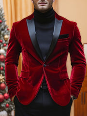 Men's Velvet Red Blazer With Peak Neck And Single-Button Closure