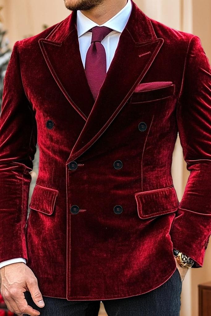 Men's Vintage Velvet Double Breasted Blazer In Red Purple With Six Buttons