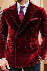 Men's Vintage Velvet Double Breasted Blazer In Red Purple With Six Buttons