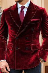Men's Vintage Velvet Double Breasted Blazer In Red Purple With Six Buttons