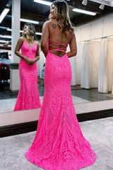 Mermaid Backless Hot Pink Prom Dress Sequined Long Evening Dress