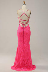 Mermaid Backless Hot Pink Prom Dress Sequined Long Evening Dress