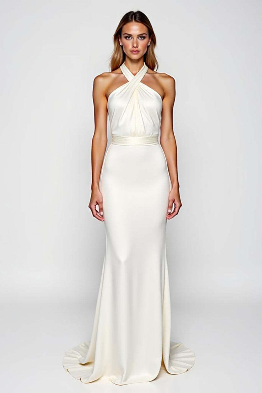 Mermaid Backless White Halter Long Formal Dress
