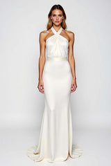 Mermaid Backless White Halter Long Formal Dress