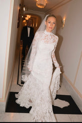 Mermaid Beach Wedding Dress Long Sleeve High Neck Lace Bridal Gown