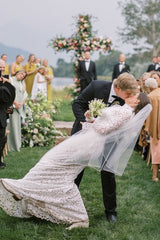 Mermaid Beach Wedding Dress Long Sleeve Lace High Neck Bridal Gown