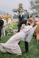 Mermaid Beach Wedding Dress Long Sleeve Lace High Neck Bridal Gown