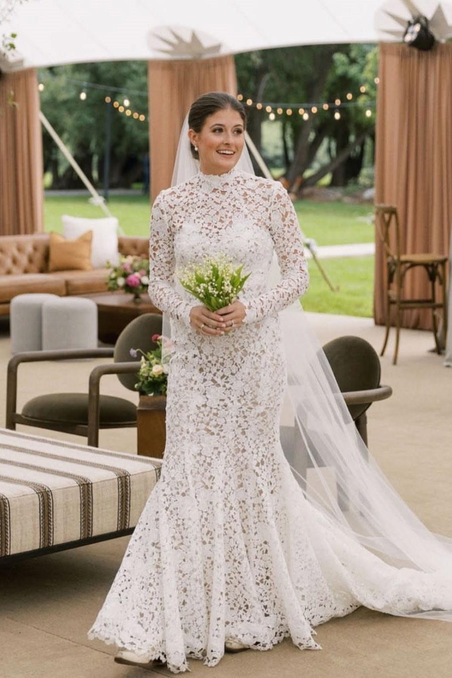 Mermaid Beach Wedding Dress Long Sleeve Lace High Neck Bridal Gown