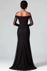 Dressystars Mermaid Black Wedding Guest Dress Off The Shoulder Formal Dress With Mesh Long Sleeves