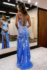 Mermaid Blue Prom Dress Lace Long Evening Dress With Split
