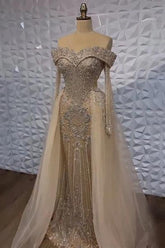 Champagne Detachable Train Prom Dress Long Sleeve Off the Shoulder Formal Dress With Beadings and Rhinestones