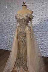 Champagne Detachable Train Prom Dress Long Sleeve Off the Shoulder Formal Dress With Beadings and Rhinestones