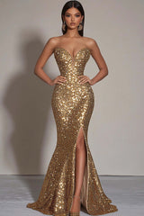 Mermaid Gold Long Sequins Formal Dress With Slit