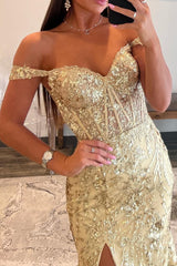 Mermaid Golden Long Sequins Prom Dress With Slit