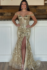 Mermaid Golden Prom Dress Long Metallic Sequined Evening Dress