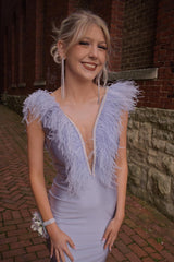 Mermaid Grey Deep V Neck Beaded Prom Dress with Feathers
