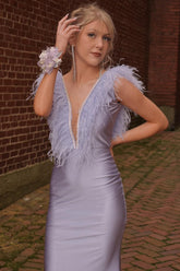 Mermaid Grey Deep V Neck Beaded Prom Dress with Feathers