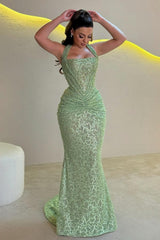Mermaid Halter Neck Gold Sequined Long Prom Dress With Ruched Formal Evening Gown