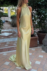 Mermaid Halter Neck Yellow Long Party Dress With Sweep Train Formal Evening Gown
