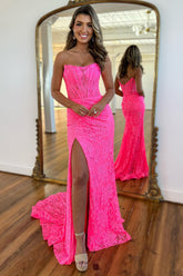 Mermaid Hot Pink Prom Dress Strapless Corset Evening Dress with Appliques