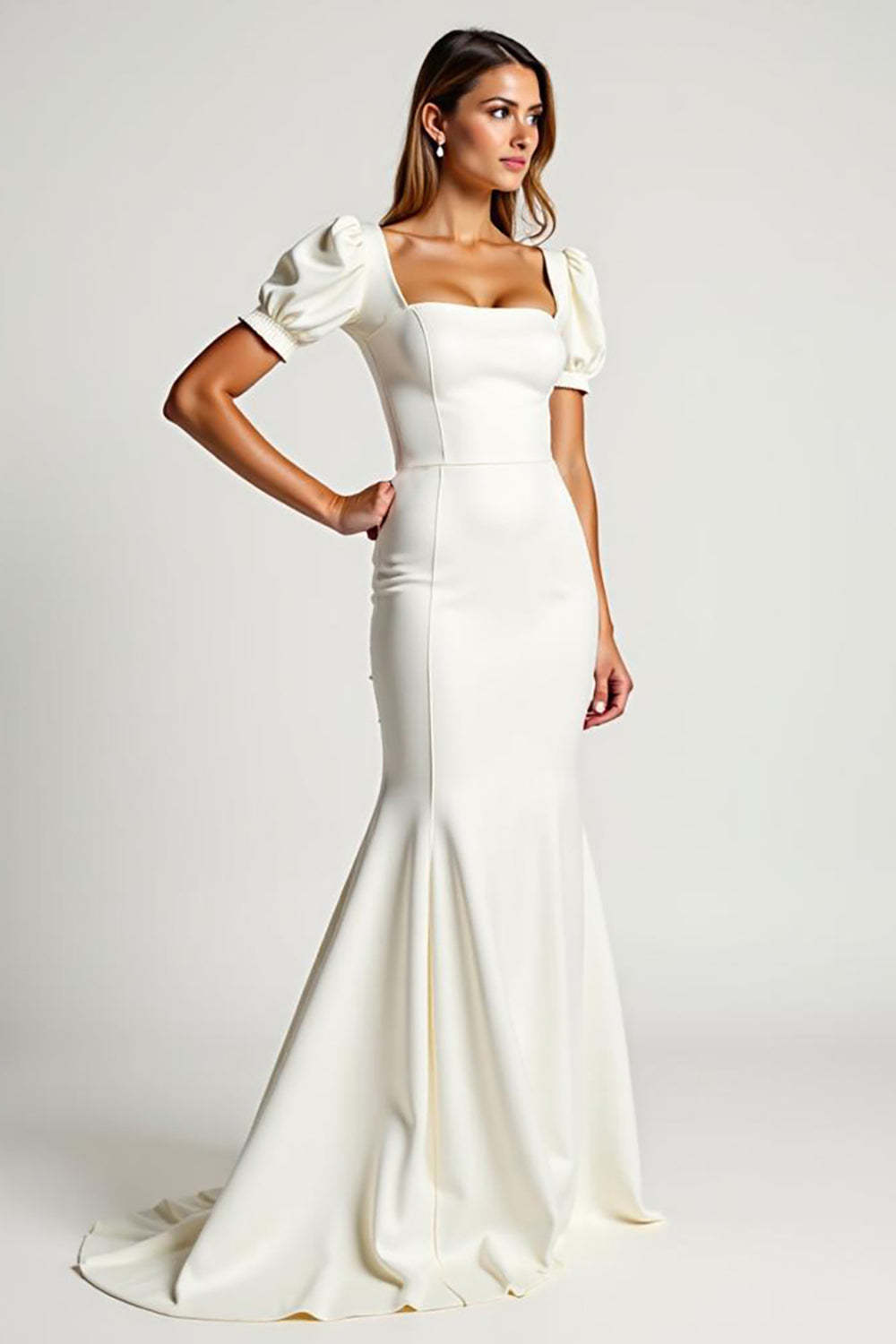 Mermaid Ivory Square Neck Crepe Long Formal Dress With Puff Sleeves