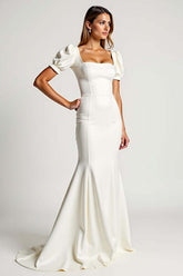Mermaid Ivory Square Neck Crepe Long Formal Dress With Puff Sleeves
