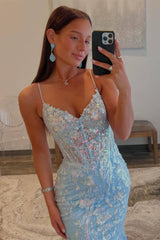 Mermaid Light Blue Prom Dress V Neck Sequin Appliques Evening Dress