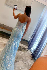 Mermaid Light Blue Prom Dress V Neck Sequin Appliques Evening Dress