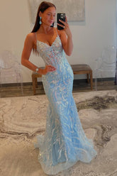 Mermaid Light Blue Prom Dress V Neck Sequin Appliques Evening Dress