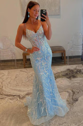Mermaid Light Blue Prom Dress V Neck Sequin Appliques Evening Dress