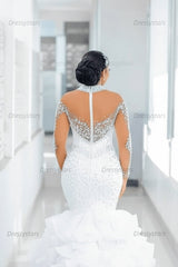 Mermaid Long Sleeve Wedding Dress Luxury Beaded Bridal Gown with Ruffled Skirt