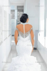 Mermaid Long Sleeve Wedding Dress Luxury Beaded Bridal Gown with Ruffled Skirt