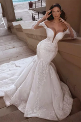 Mermaid Off The Shoulder Wedding Dress Lace Appliques Bridal Dress