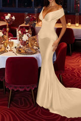 Mermaid Off the Shoulder Prom Dress Cap Sleeve Satin Formal Dress