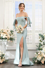Mermaid Off-the-Shoulder Sleeveless Split Side Silk Satin Bridesmaid Dresses