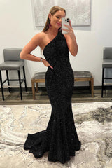 Mermaid One Shoulder Black Prom Dress Sequined Evening Dress