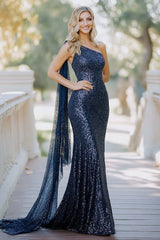Mermaid One Shoulder Cape Navy Wedding Guest Dress Prom Dress