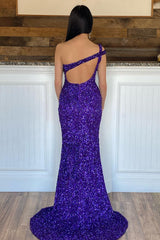 Mermaid One Shoulder Dark Purple Prom Dress Sequined Long Evening Dress