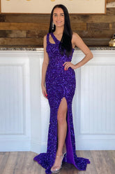 Mermaid One Shoulder Dark Purple Prom Dress Sequined Long Evening Dress