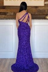 Mermaid One Shoulder Dark Purple Prom Dress Sequined Party Dress
