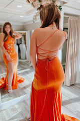 Mermaid One Shoulder Orange Prom Dress Long Evening Dress with Star Appliques