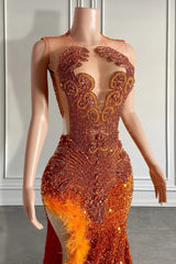 Mermaid Orange Sequined Formal Dress Lace Sleeveless Prom Dress with Feathers