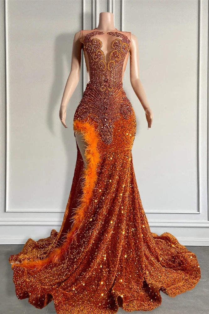 Mermaid Orange Sequined Formal Dress Lace Sleeveless Prom Dress with Feathers