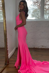 Mermaid Pink Prom Dress V Neck Beaded Evening Dress With Split