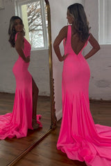 Mermaid Pink Prom Dress V Neck Beaded Evening Dress With Split