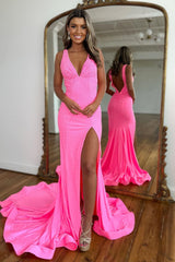 Mermaid Pink Prom Dress V Neck Beaded Evening Dress With Split