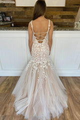 Mermaid Prom Dress Apricot Straps Lace Long Evening Dress